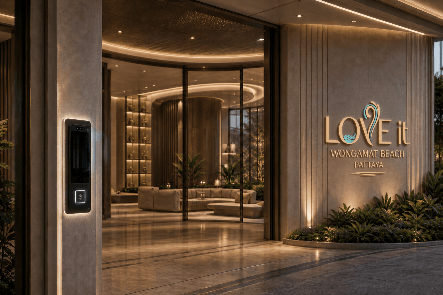 Main entrance and lobby of LOVE IT Wongamat Beach with illuminated logo
