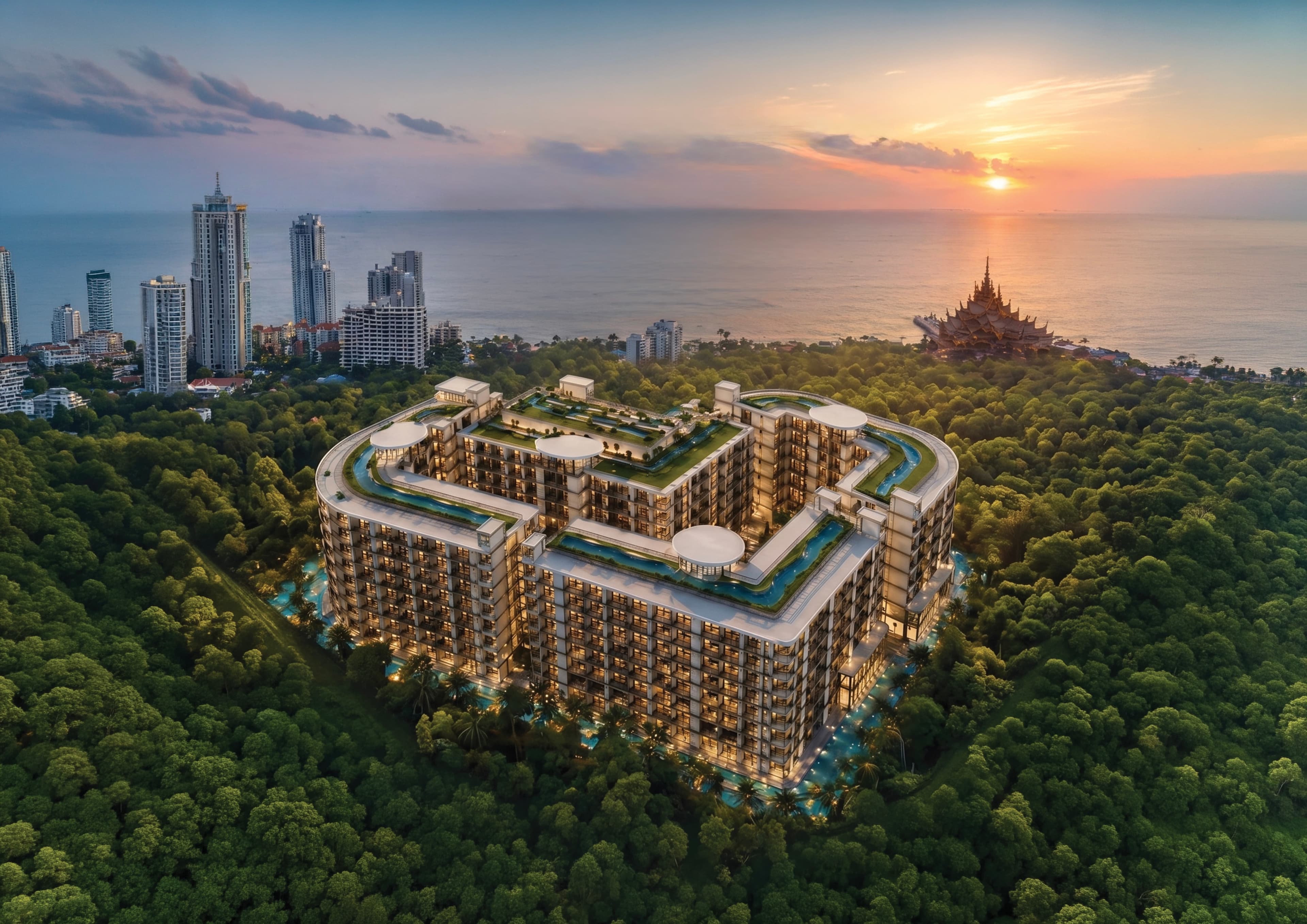 Aerial view of LOVE IT Wongamat Beach: heart-shaped masterplan with sea and Sanctuary of Truth views