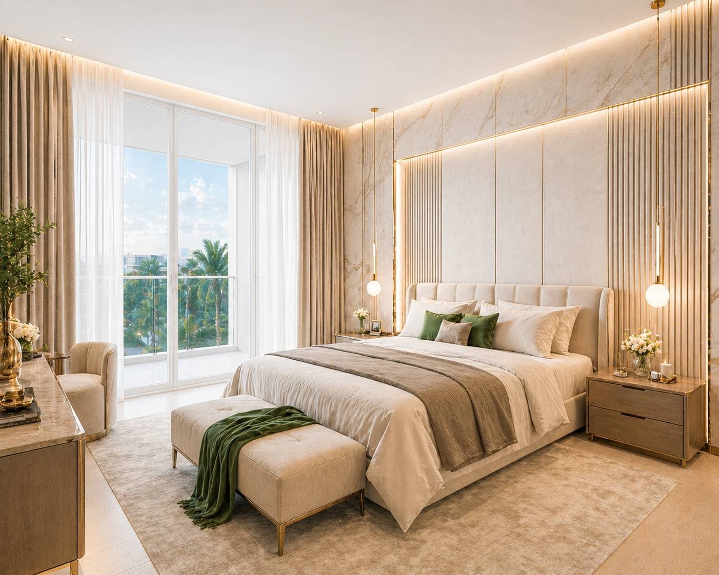 Master bedroom with marble finishes and balcony