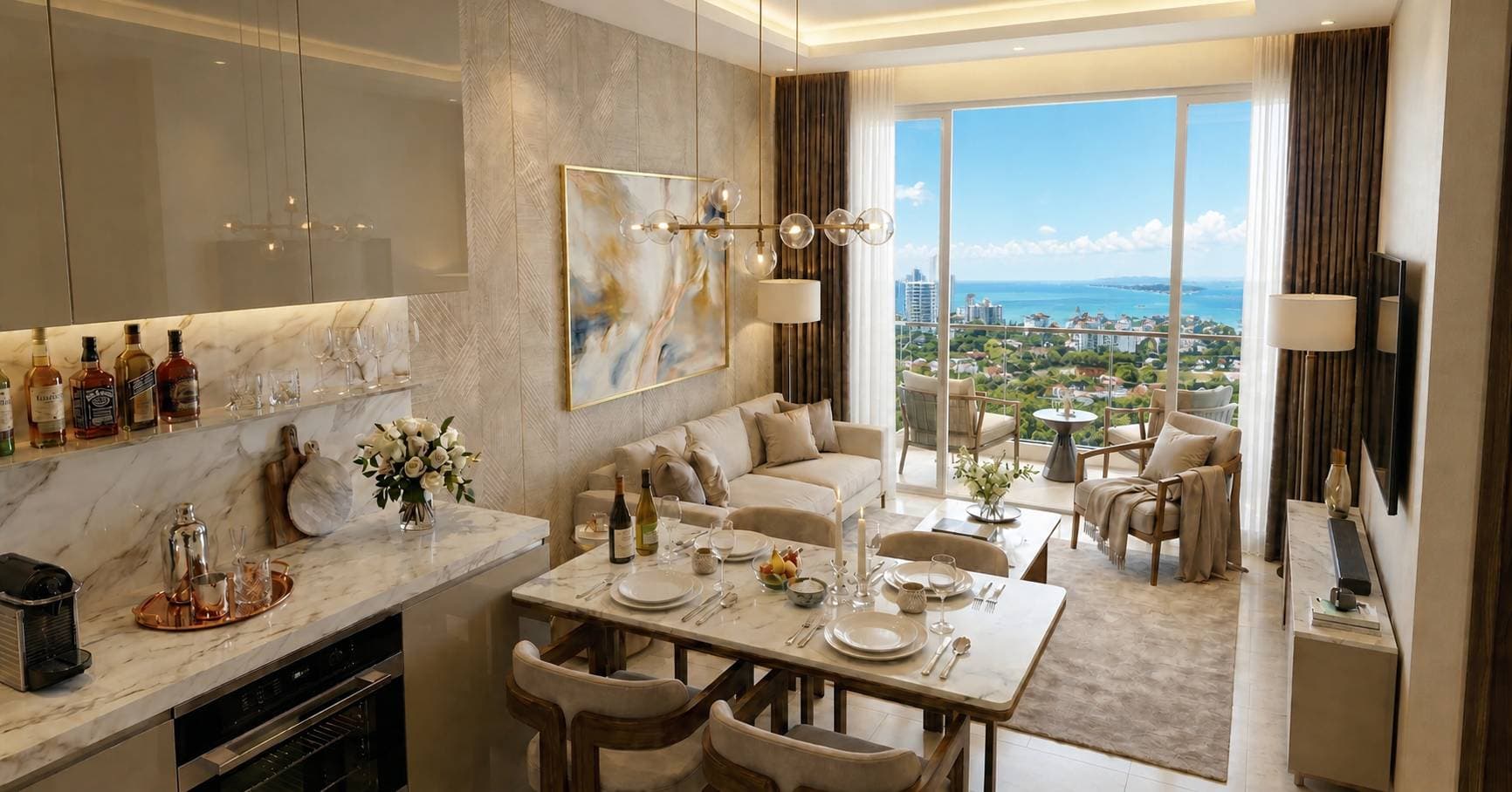 Living and kitchen area with panoramic Gulf of Siam sea view