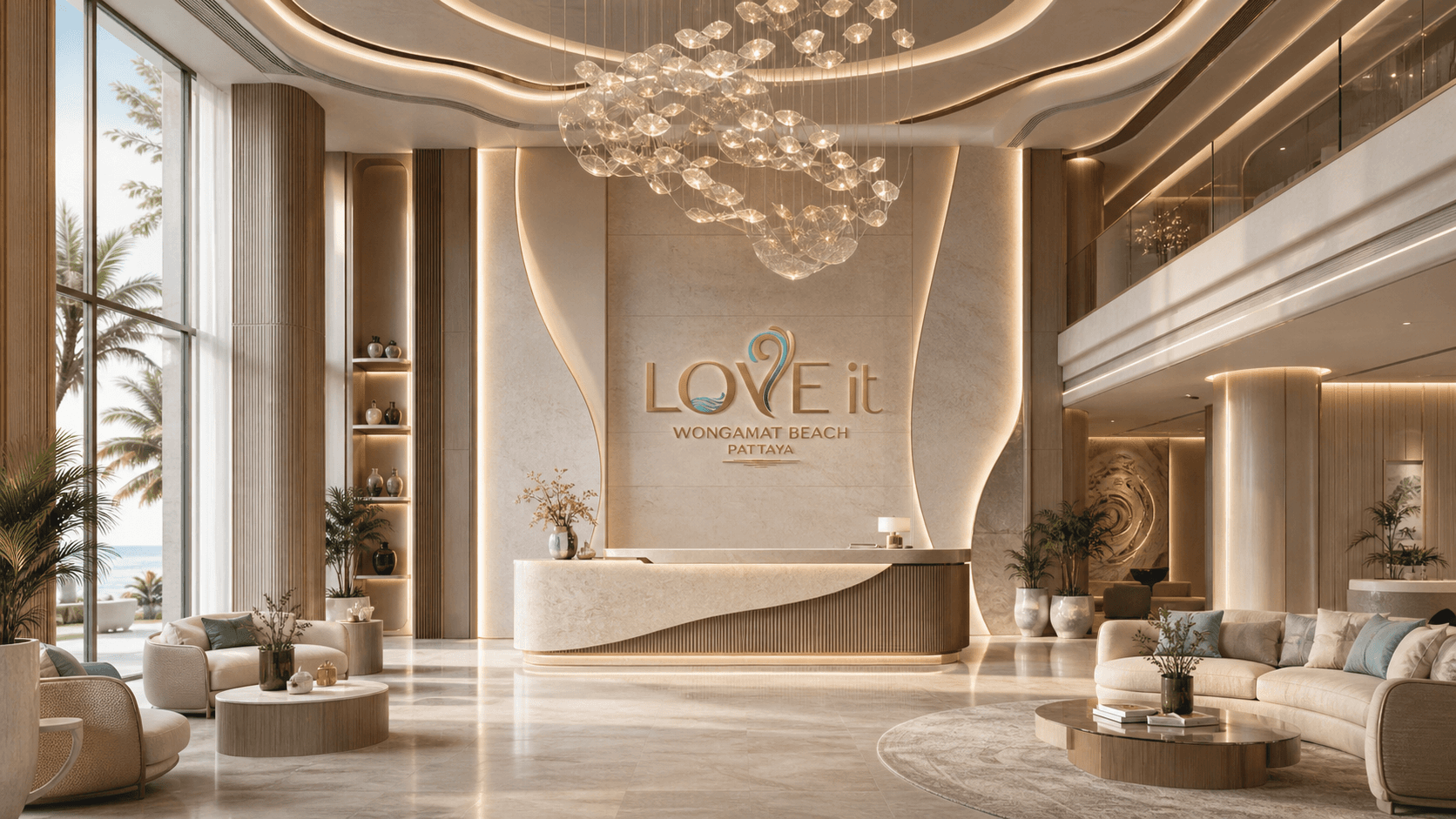 LOVE IT Wongamat Beach lobby with 6m ceilings and crystal chandelier